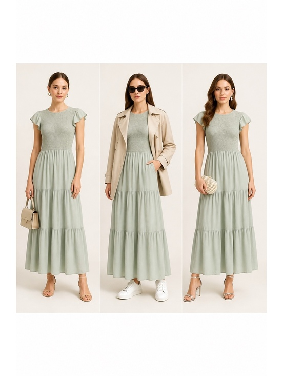 MEROKEETY Dresses & Skirts - MEROKEETY Light Green Smocked Bodice Tiered Maxi Dress with Pockets